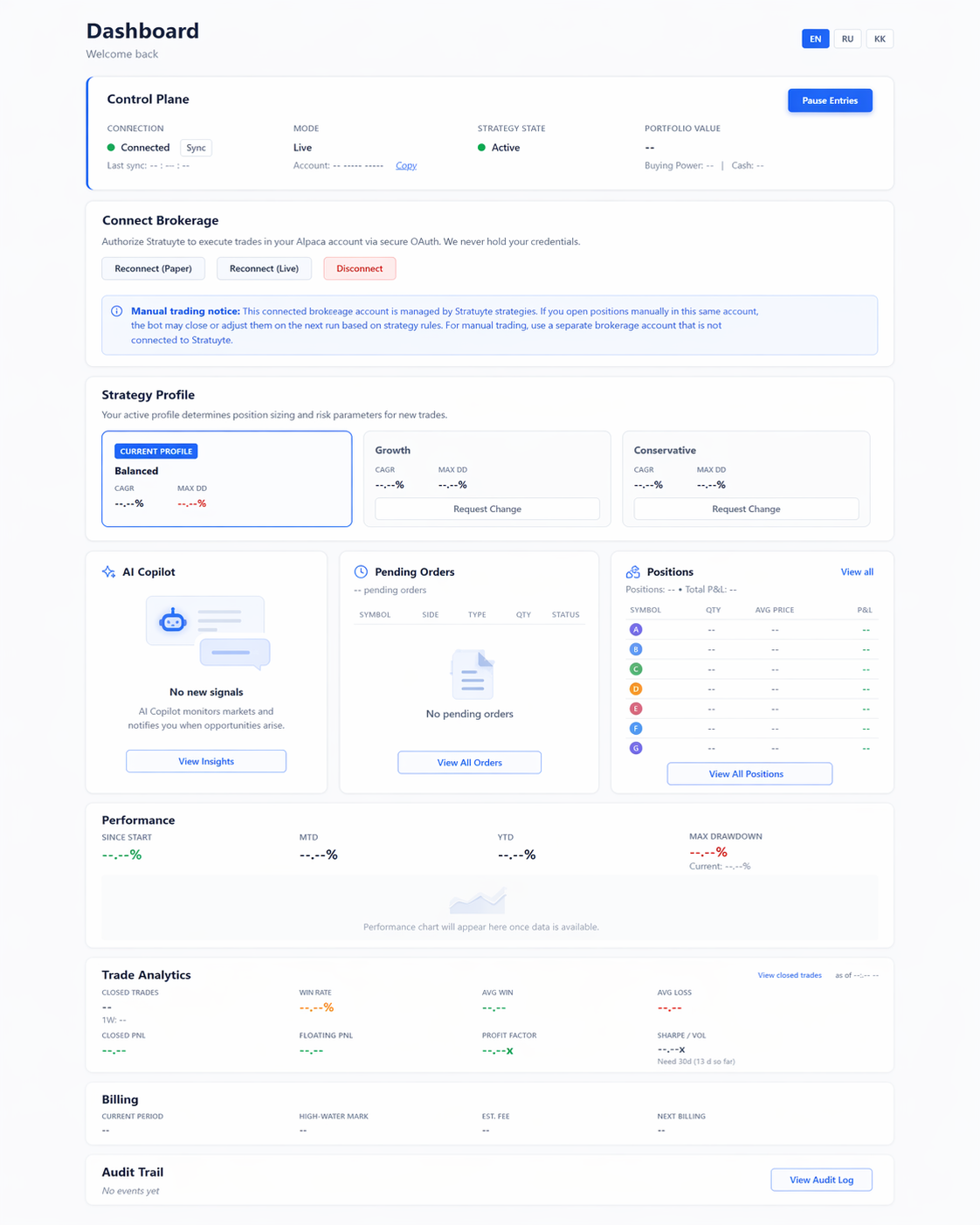 Stratuye dashboard — live portfolio overview
